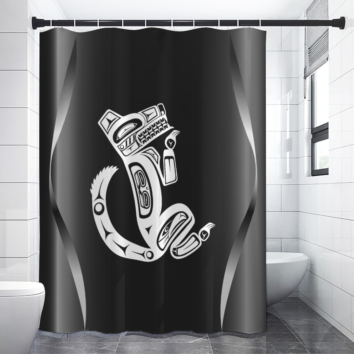 White Wolf on Black Shower Curtains