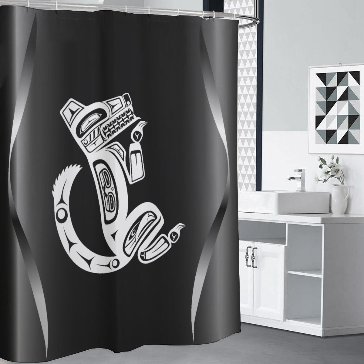 White Wolf on Black Shower Curtains