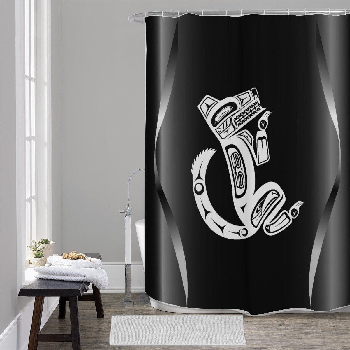 White Wolf on Black Shower Curtains